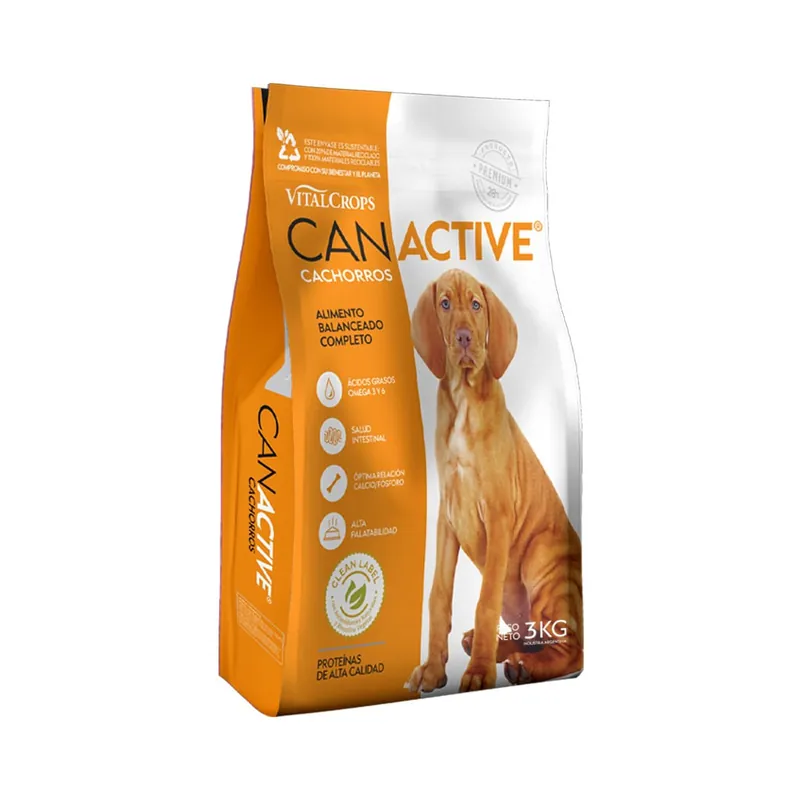 Can Active Cachorros: Frente de la bolsa de 3 kg. Abre la foto en grande en otra pestaña