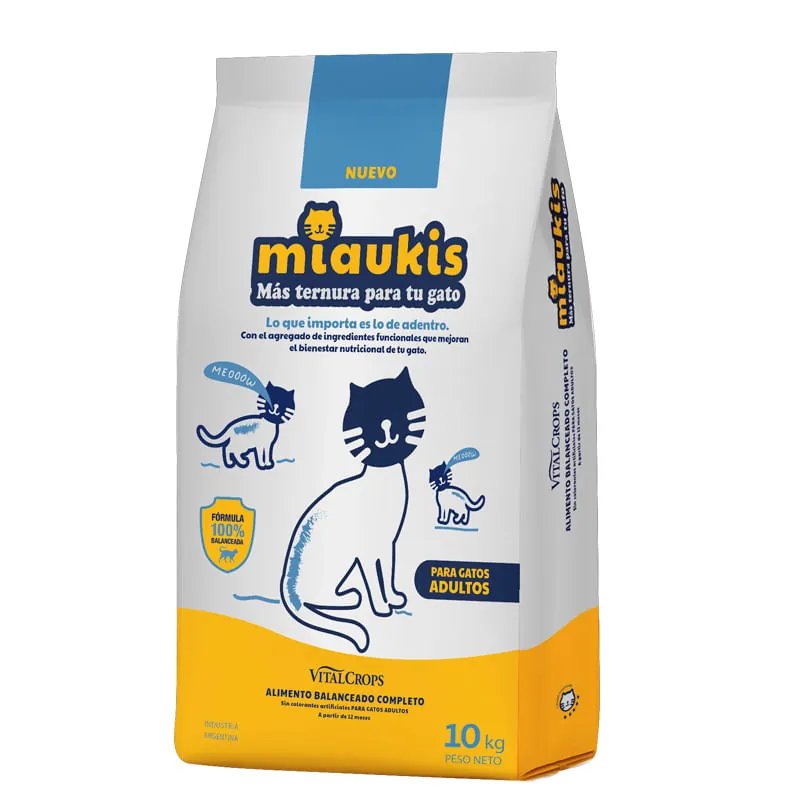 Miaukis Gatos Adultos: Frente de la bolsa de 10 kg. Abre la foto en grande en otra pestaña